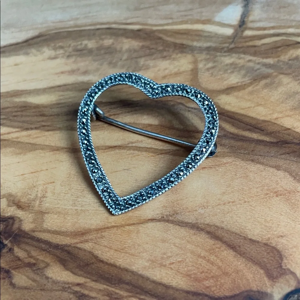 Vintage Sterling Silver Marcasite Open Heart Brooch Pin